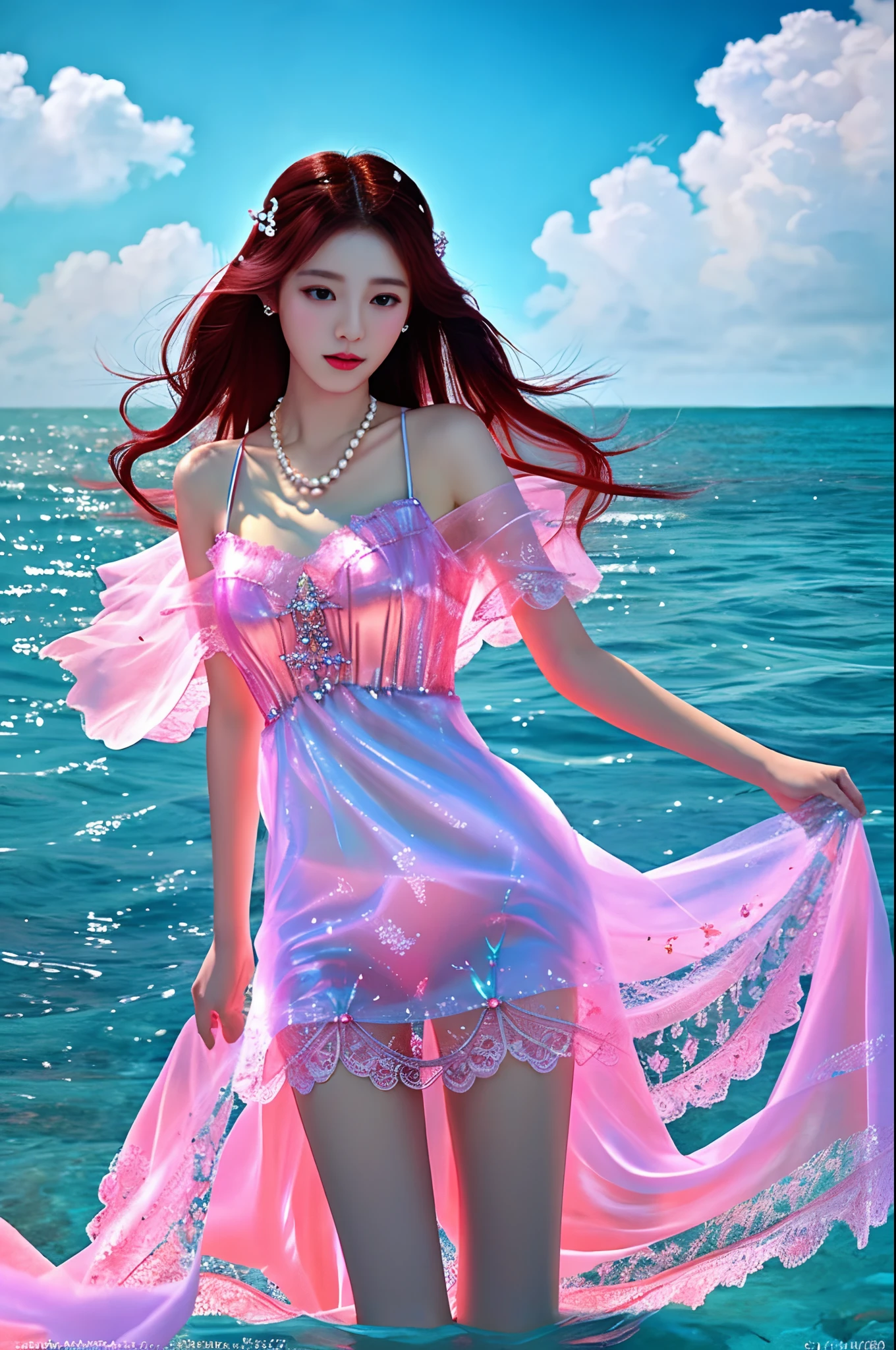 Charmantes Mädchen in roter transparenter Gaze-Spitze am Meer，trägt eine Perlenkette,Einen Mann halten, Kunstwerke im Guviz-Stil, farbenfrohe digitale Fantasy-Kunst, Nahaufnahme Fantasie mit Wassermagie, fantasie schön, Wunderschöne digitale Kunstwerke, Königin des Meeres Mu Yanling, Fantasy-Kunststil, von Yang J, Schöne schönheit, wunderschöne digitale Kunst，Das freilegen der Dammhaut ist sexy, Zart und glänzend, Oberschenkel flacher Ski weiß