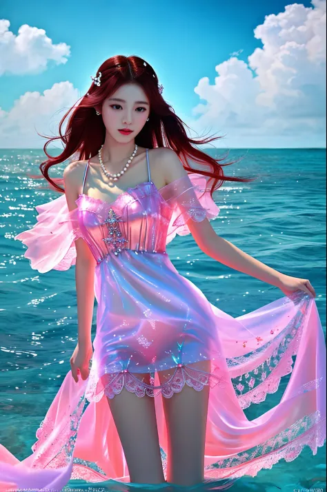 Charming girl in red transparent gauze lace in the ocean，wearing a pearl necklace,Holding a man, Guviz-style artwork, colorfull ...