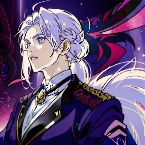 Anime,(( Solo,1Male)), long white hair , in a Ponytail , purple and White suit with Tailcoat, purple crystals, Evil ,  ((Masterp...