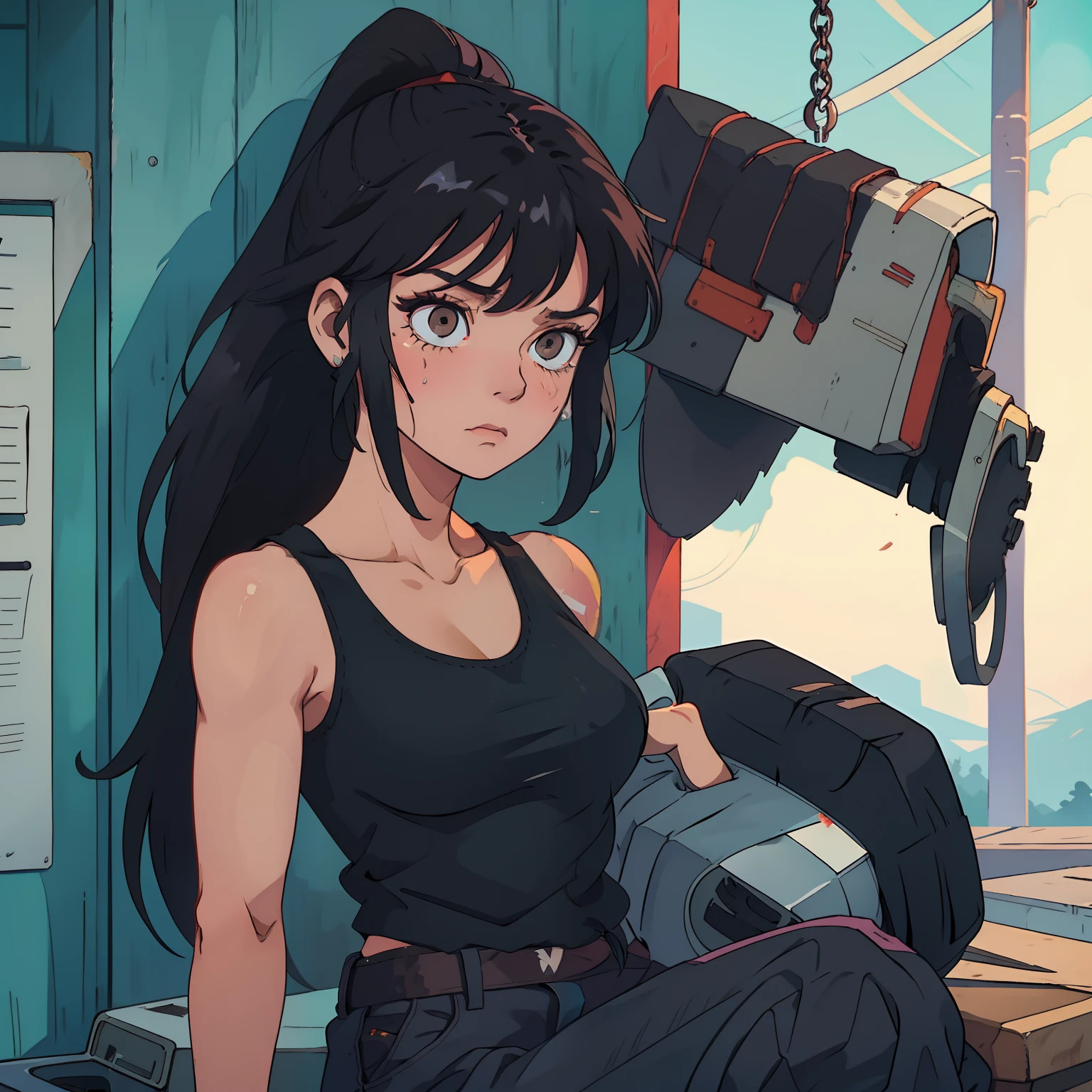 makima \(chainsaw man\), muscular_female, solo, buff_woman, biceps, at_the_gym, behind_the_jail_bars, very long ponytail hair, black hair, shiny hair, emotionless eyes, thick linked eyelashes, black eyes, tank top shirt, shaped clothes, black pantalon, sad expressions, sobbing, closed_mouth ,Defaults17Style,ESDEATH