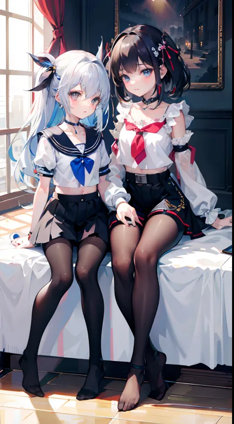 ,twins, Masterpiece,Best quality,offcial art,Extremely detailed Cg Unity 8K wallpaper, 2girls, cute female child, Yuri, hair adornments, Short shorts, Crop top, Pantyhose, ribbon_choker necklace, leg belt,