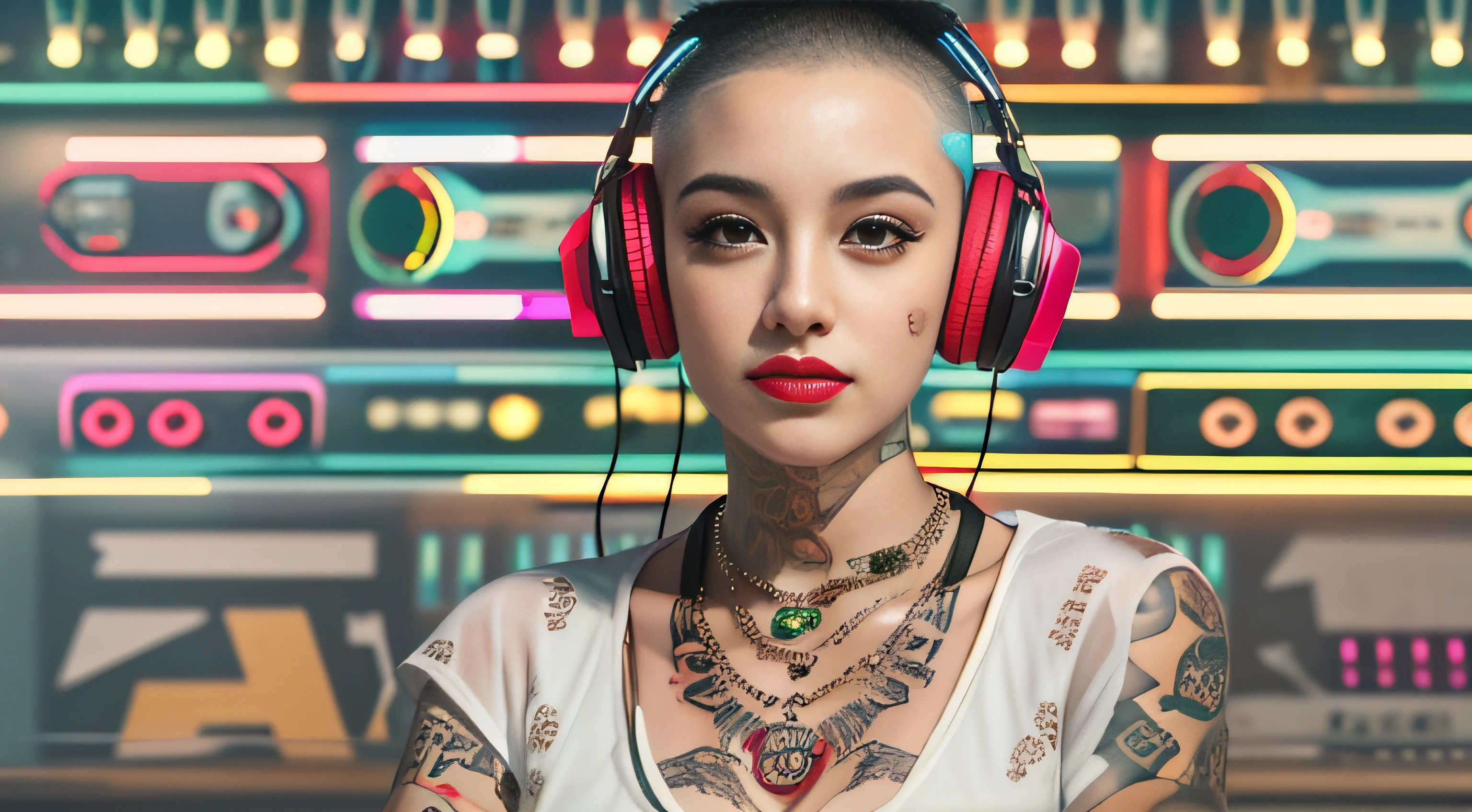 Best quality, Masterpiece, Ultra High resolution, native photo, Professional, photography, color photography, 1 girl, disco bar, girl with headphones, Djing in bar, upper body, female DJ, Looking at the crowd, DJ, DJ machine, DJ machine, Stage lights, (buzz cut:1.1), (Tattoo :1.1), Happy, dynamic, Gucci, Versace, cool, necklace, view