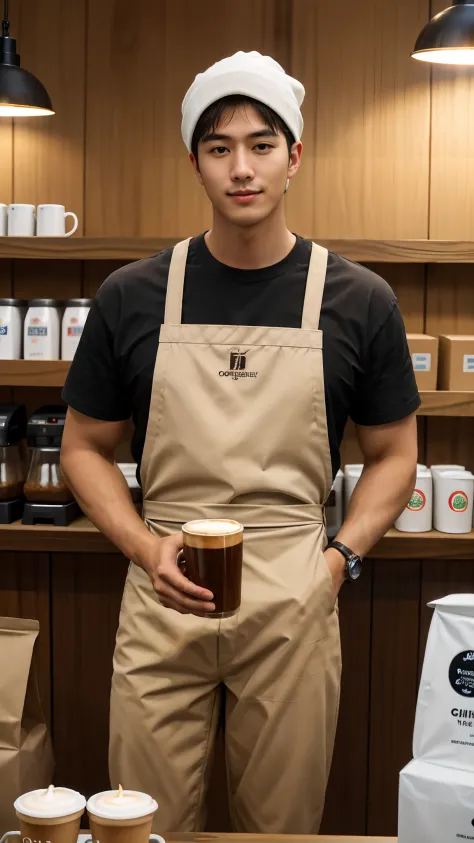 1人，A 20-year-old man in a café，Barista，Coffee is being made，Facial hair，Brown apron，Brown shell turban，leg apart，whitet-shirt，sh...