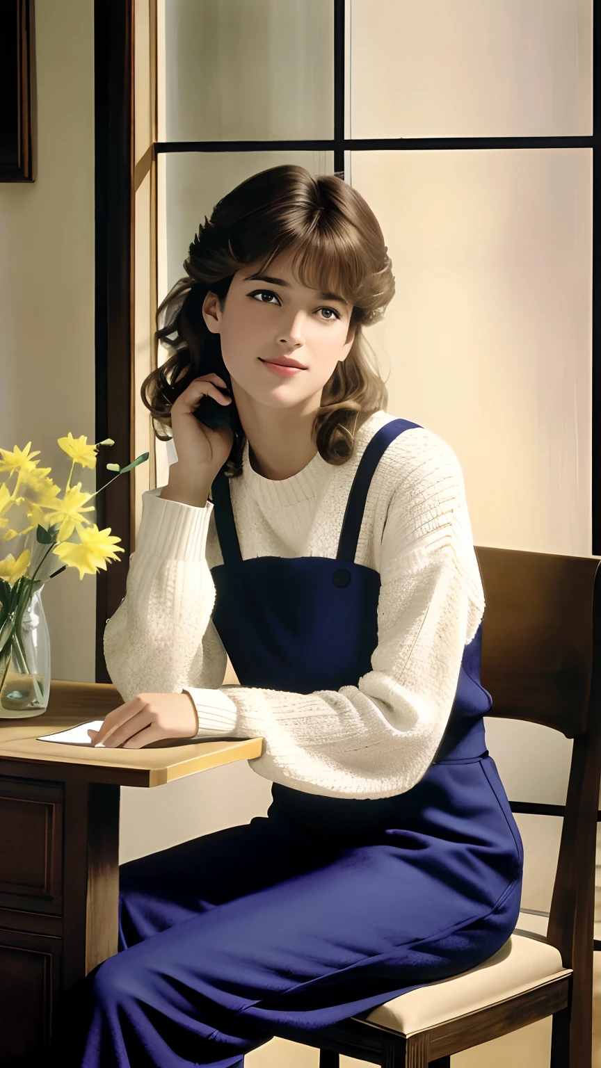 Beautiful and elegant French girl,Twenty-two years old, Actress Sophie Marceau，（This face looks like Sophie Marceau），Short golden-brown hair，A shallow smile,（Blue affectionate eyes）,（Very detailed and perfect facial depiction），Sit in the antique study，Side view，looking lovingly at the viewer，A hint of melancholy，Milky white sweater，Black Capri pants，Study desk，vases，hanging lights，The setting sun shines obliquely through the glass windows，Autumn tones,(A variety of flowers:1.1),（light and shadow effect），（Light particle tracing），（vivd colour）,（Obvious layers）,（Photography Award）,（8k wallpaper）,（Masterpiece）,（best qualtiy）, photorealestic，realisticlying