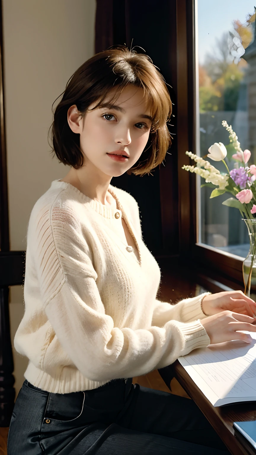 Beautiful and elegant French girl,Twenty-two years old, Actress Sophie Marceau，（This face looks like Sophie Marceau），Short golden-brown hair，A shallow smile,（Blue affectionate eyes）,（Very detailed and perfect facial depiction），Sit in the antique study，Side view，looking lovingly at the viewer，A hint of melancholy，Milky white sweater，Black Capri pants，Study desk，vases，hanging lights，The setting sun shines obliquely through the glass windows，Autumn tones,(A variety of flowers:1.1),（light and shadow effect），（Light particle tracing），（vivd colour）,（Obvious layers）,（Photography Award）,（8k wallpaper）,（Masterpiece）,（best qualtiy）, photorealestic，realisticlying