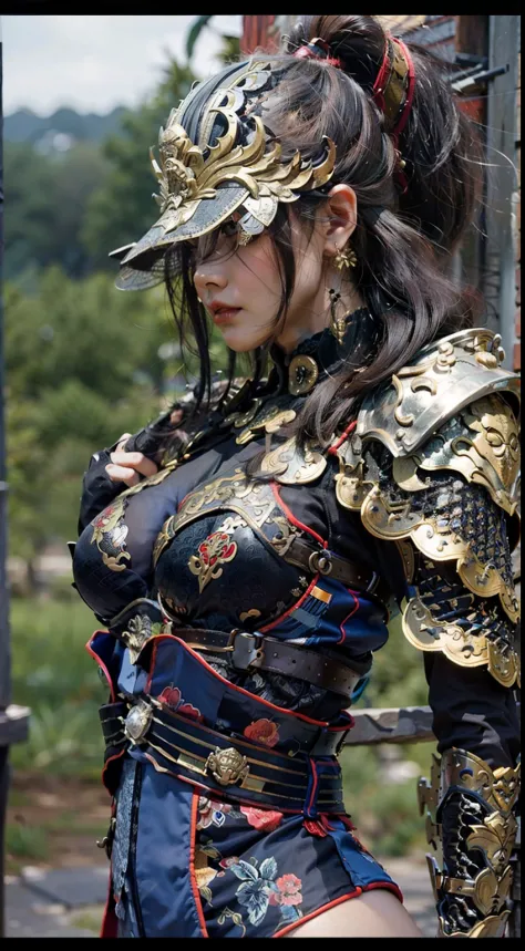 Ancient Chinese architecture，Female warrior of national style，Wear revealing armor，Simple clothing， Minimalist style，Mixed Chinese and American races，The background is blurred out，focal，电影灯光，(((tmasterpiece))), ((best qualtiy)), ((Complex and detailed)), (...