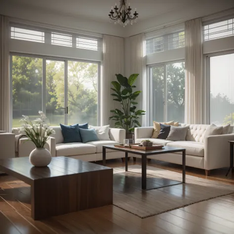 beautiful home interior, rain outside, smooth, sharp focus, 8k, octane render,
