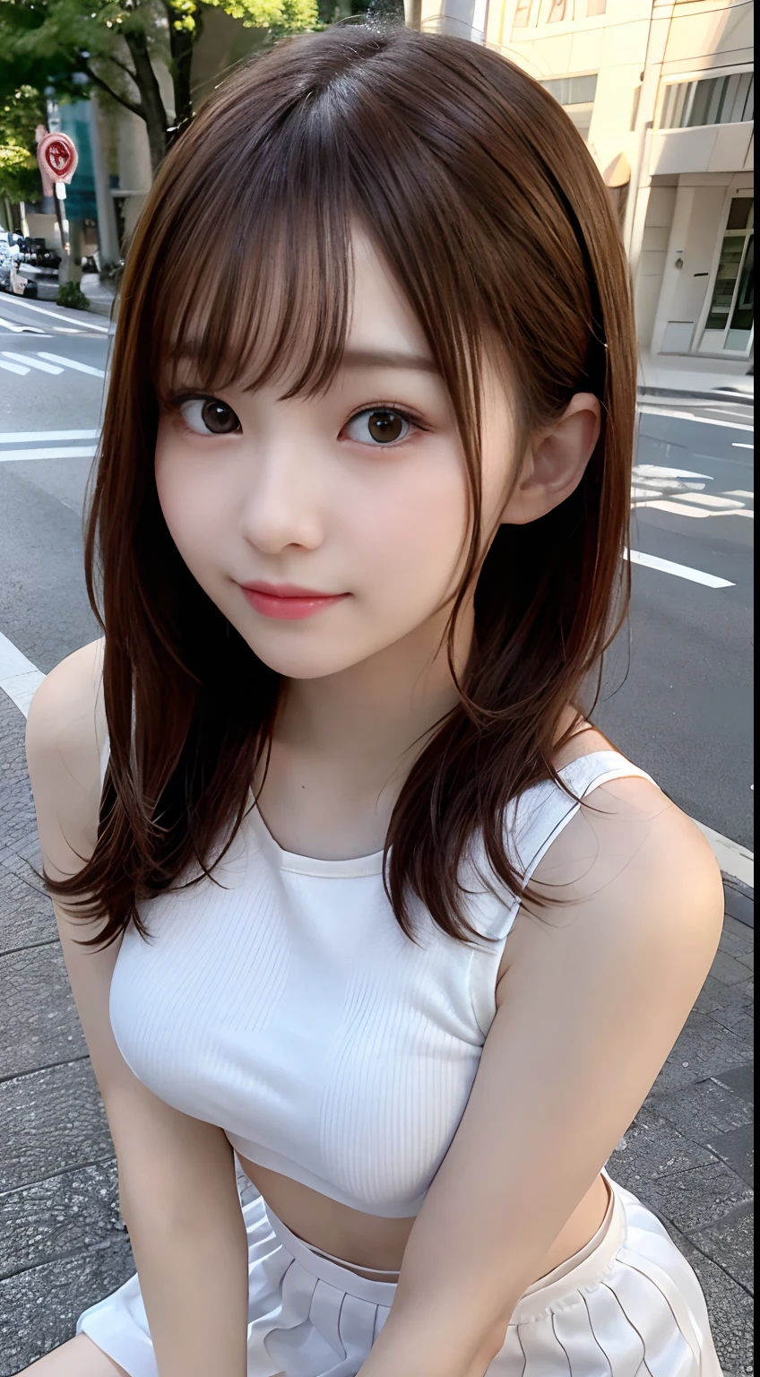 top-quality、超A high resolution、(Photorealsitic:1.4)、(ulzzang-6500:0.4)、Beautie、Korean Idols、18year old、length hair、light brown hair、Clean and wavy hairstyle、、Very small breasts、Realistic eyes, slender narrow eyes、Beautiful eyes、A smile、croptop、Tank Tops、Wear a see-through shirt、a miniskirt、In the street、crouching down、slender、A slender、Slender body lines、Shot diagonally from above