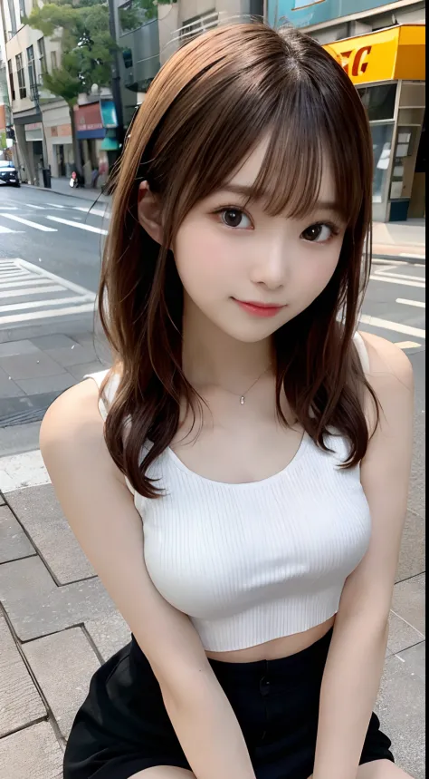 top-quality、超A high resolution、(Photorealsitic:1.4)、(ulzzang-6500:0.4)、Beautie、Korean Idols、18year old、length hair、light brown hair、Clean and wavy hairstyle、small tits、Very small breasts、Realistic eyes, slender narrow eyes、Beautiful eyes、A smile、croptop、Ta...