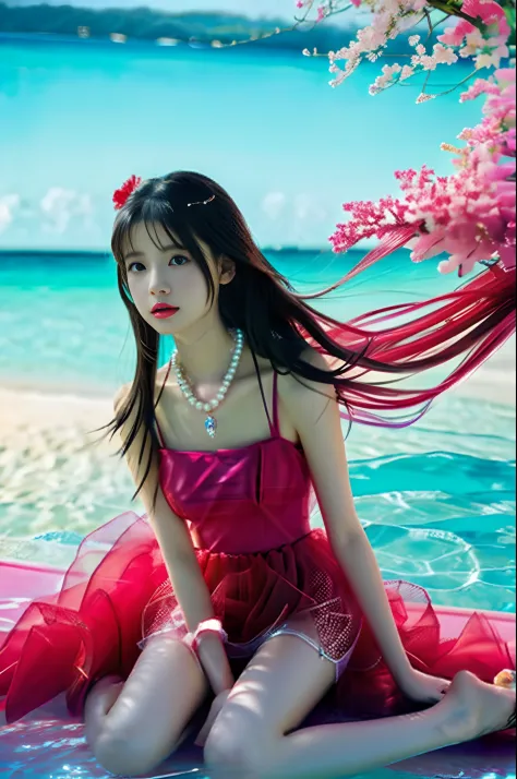 Charming loli girl wearing transparent red tulle pearl necklace in the ocean,Holding a man, Guviz-style artwork, colorfull digit...