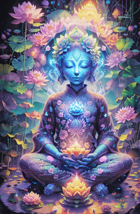 There is a lotus flower glowing in the dark, a glowing flower, a glowing flower, a Buddha sitting on a lotus flower, a magical c...