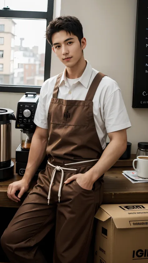 1人，A 20-year-old man in a café，Barista，Coffee is being made，Facial hair，Brown apron，Brown bandana，Sit Pose，leg apart，whitet-shir...