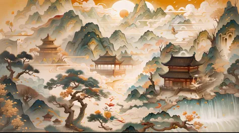 Best image quality，Cartoon bunny dancing，Under the Dunhuang art style，Delicate ancient Chinese paintings，The mountains and rivers are picturesque，The auspicious clouds are ethereal，The pavilion stands，and the sun was shining brightly。Masterpiece compositio...