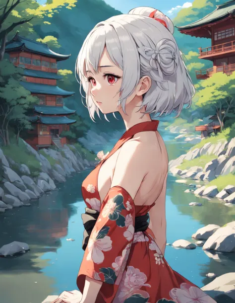 Detailed portrait of Japanese girl, skinny girl, pear shape body, red and black, old anime style, (anime), (teen girl:1.2), Ghibli style, boobs, (tatoos:1.2), strapless, shirt collar, kneeling, looking away, in a river, flat colors, intricate, intricate dr...