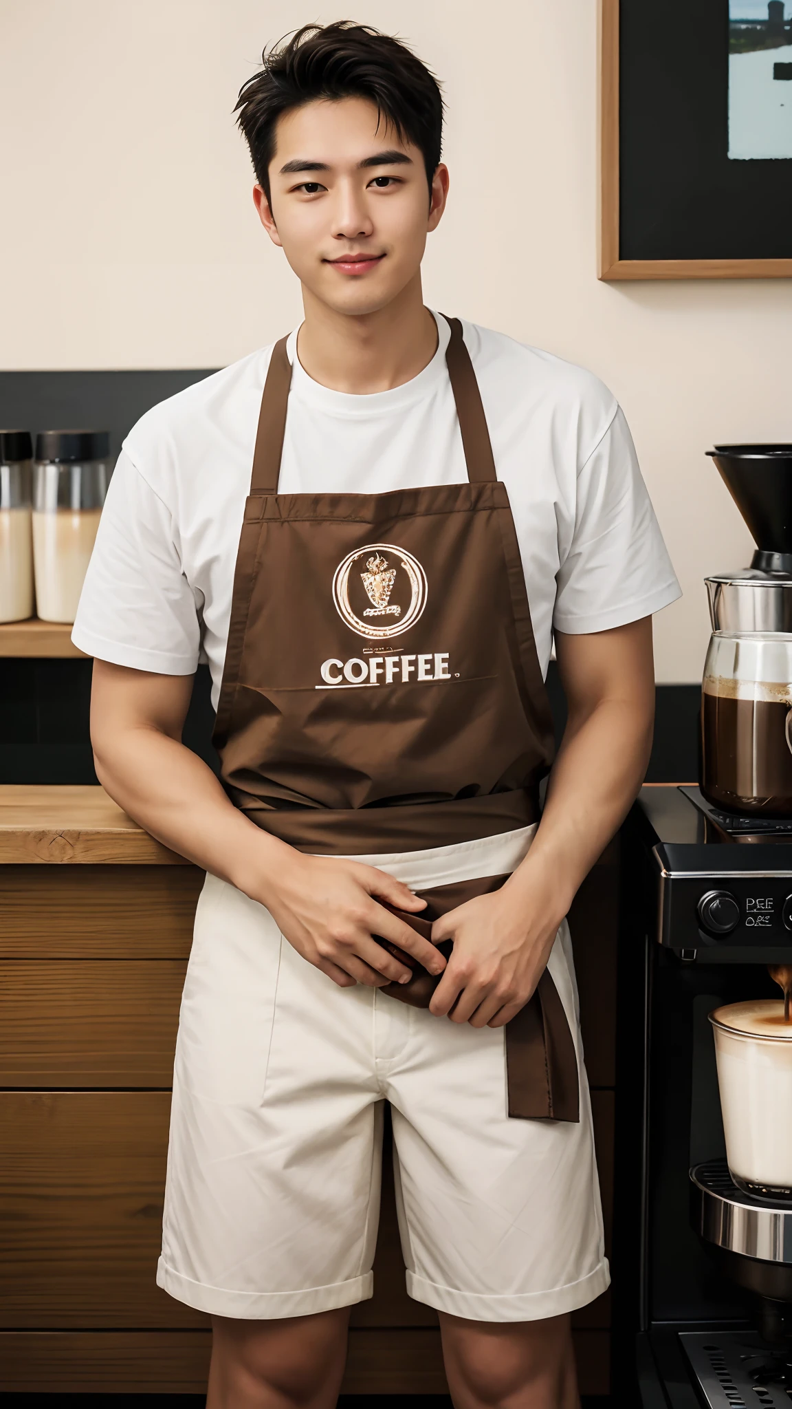 1 pessoa，Um homem de 20 anos em um café，Barista，O café está sendo feito，pêlos faciais，Avental Marrom，Bandana marrom，Postura sentada，Pernas afastadas，camiseta branca，calças brancas curtas，Figura esbelta，bonito，corpo inteiro lésbica，expondo coxas，Expor bezerros，pêlos grossos nas pernas，Grande protuberância na virilha，Pernas afastadas，sorriso pervertido，janelas，raios de sol，Muito café moído e xícaras，Enorme máquina de café，Caixa de embalagem de café，Em um café escuro，iluminação suave suave，obra-prima，melhor qualidade，8K Ultra HD，câmera digital SLR，grão de filme，Arte de pintura realista Fujifilm XT3，Escrito por Midjourney e Greg Rutkowski