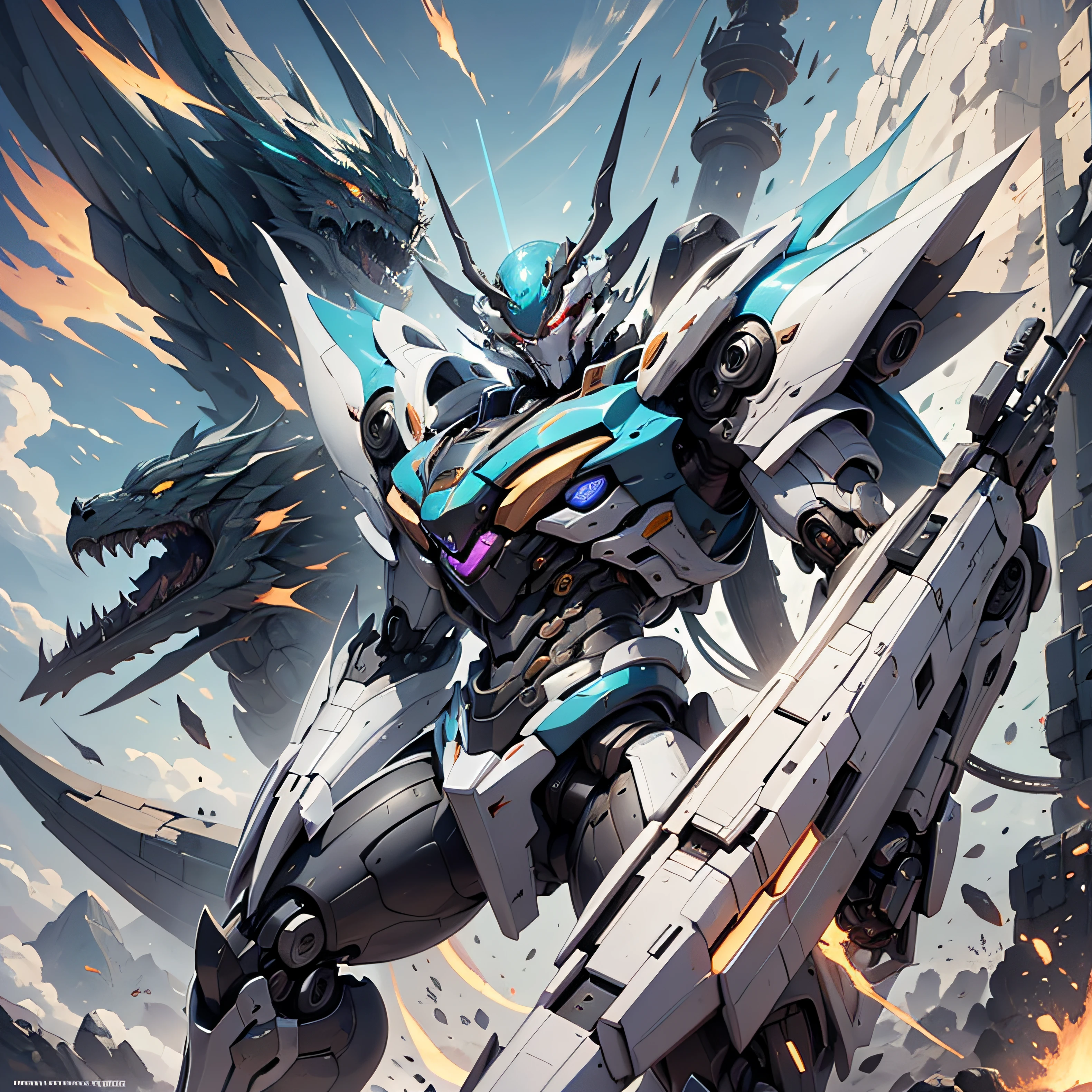 Close-up of white robot poster, Mobile Suit, zmonzheng, xianxia hero, 1/100 obturation speed, drak, sleek mecha female dragon head, Robot mech faucet, pterodactyl mecha, zhao yun，With weapons，Fighting posture