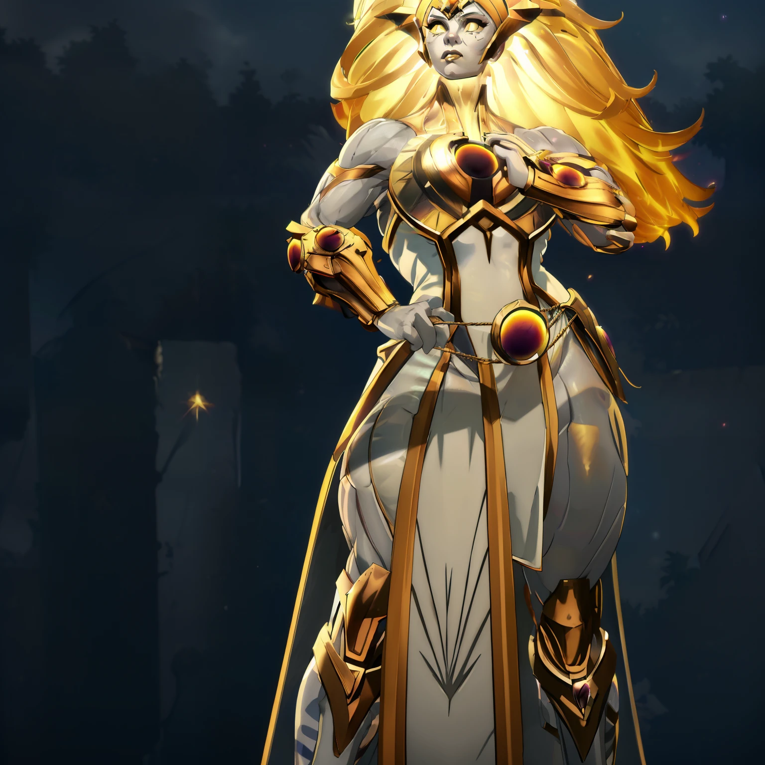 Dawnbreaker (Dota), glowing hair, yellow eyes, glowing eyes, colored skin, grey skin, 1girl, armor, blonde hair, glowing hair, long hair, fantasy goddess, glowing angelic being, curvy body, huge breasts, long robe, long dress, holy, breastplate, muscular, perfect anatomy, better hands