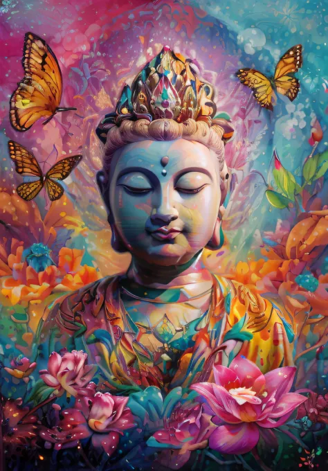 uma pintura de um buda colorido com borboletas voando ao seu redor e lindas flores, o buda, budismo, buda, arte bonita uhd 4k, c...