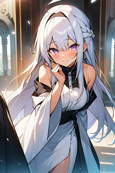 ((A slight smil)),a smile,1girl,depth of fields,((white  hair))),grey hair,purple eyes,Lori,long hair,(Loose long hair),(ahoge),...