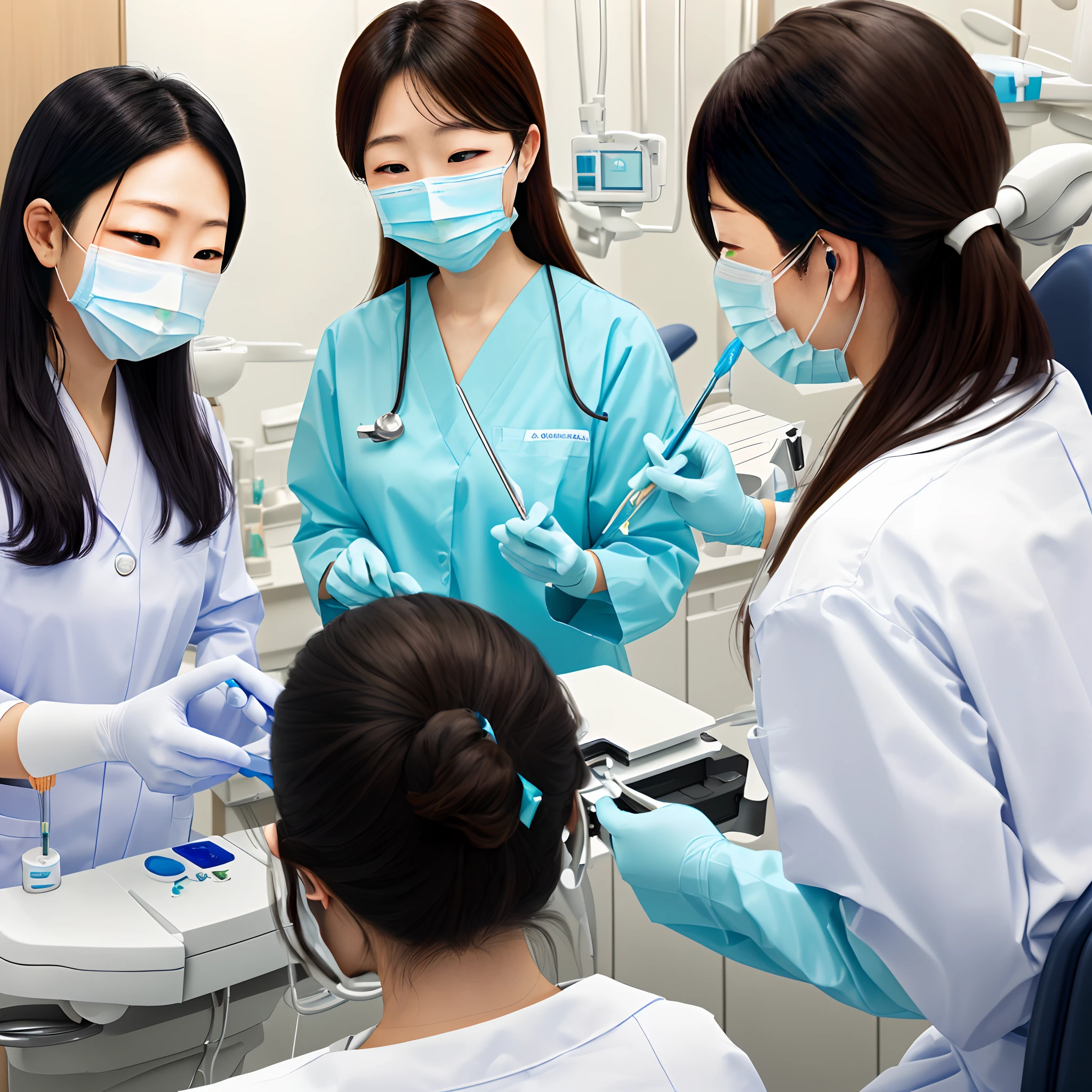 Three women in blue scrub suits are talking to a dentist - SeaArt AI