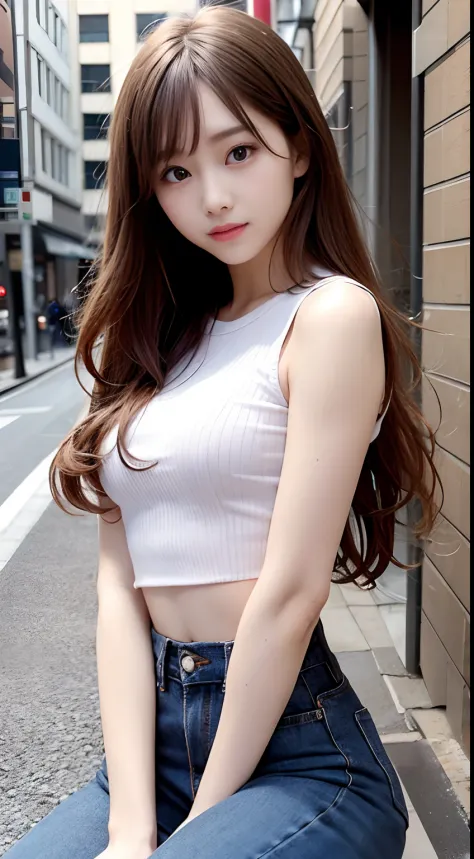 top-quality、超A high resolution、(Photorealsitic:1.4)、(ulzzang-6500:0.4)、Beautie、Korean Idols、21years old、length hair、light brown hair、Clean and wavy hairstyle、small tits、Very small breasts、Realistic eyes, slender narrow eyes、Beautiful eyes、A smile、croptop、T...