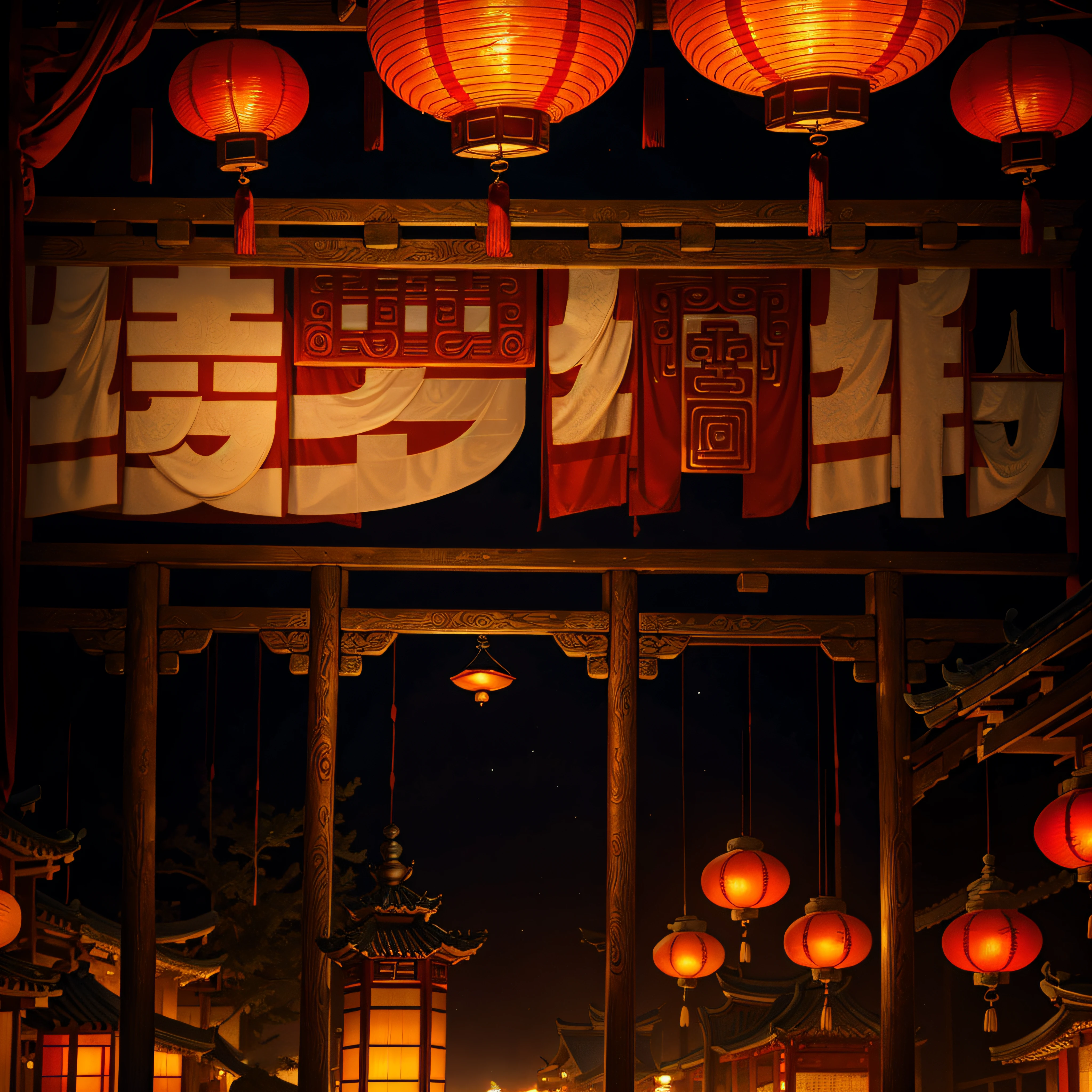 Seide wird um die Balken gewickelt，rote Farbe，lanterns，Totem，Chinesische Architekturmotive，Meisterstück，beste Qualität，ultra-detailliert。