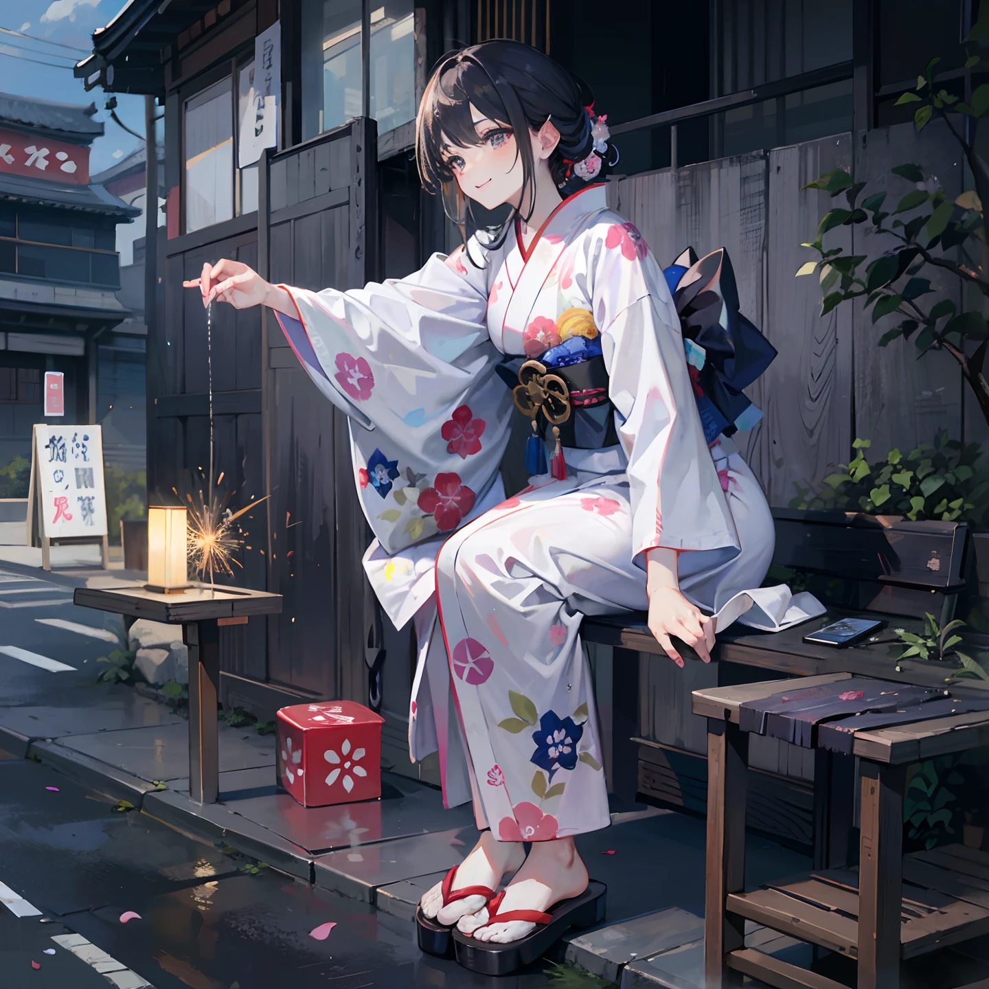 (a masterpiece of、top-quality:1.2)、ultra-detailliert、lighting like a movie、（（（Beautiful woman looking up at fireworks）））、A smile、woman wearing the kimono, bath robe, classy yukata clothing, Wearing a colorful yukata, in a kimono, Wearing a kimono, japanese kimono, in a kimono, Komono, wearing a haori, Yukata with morning glory pattern, A Japanese style, Wearing kimono,