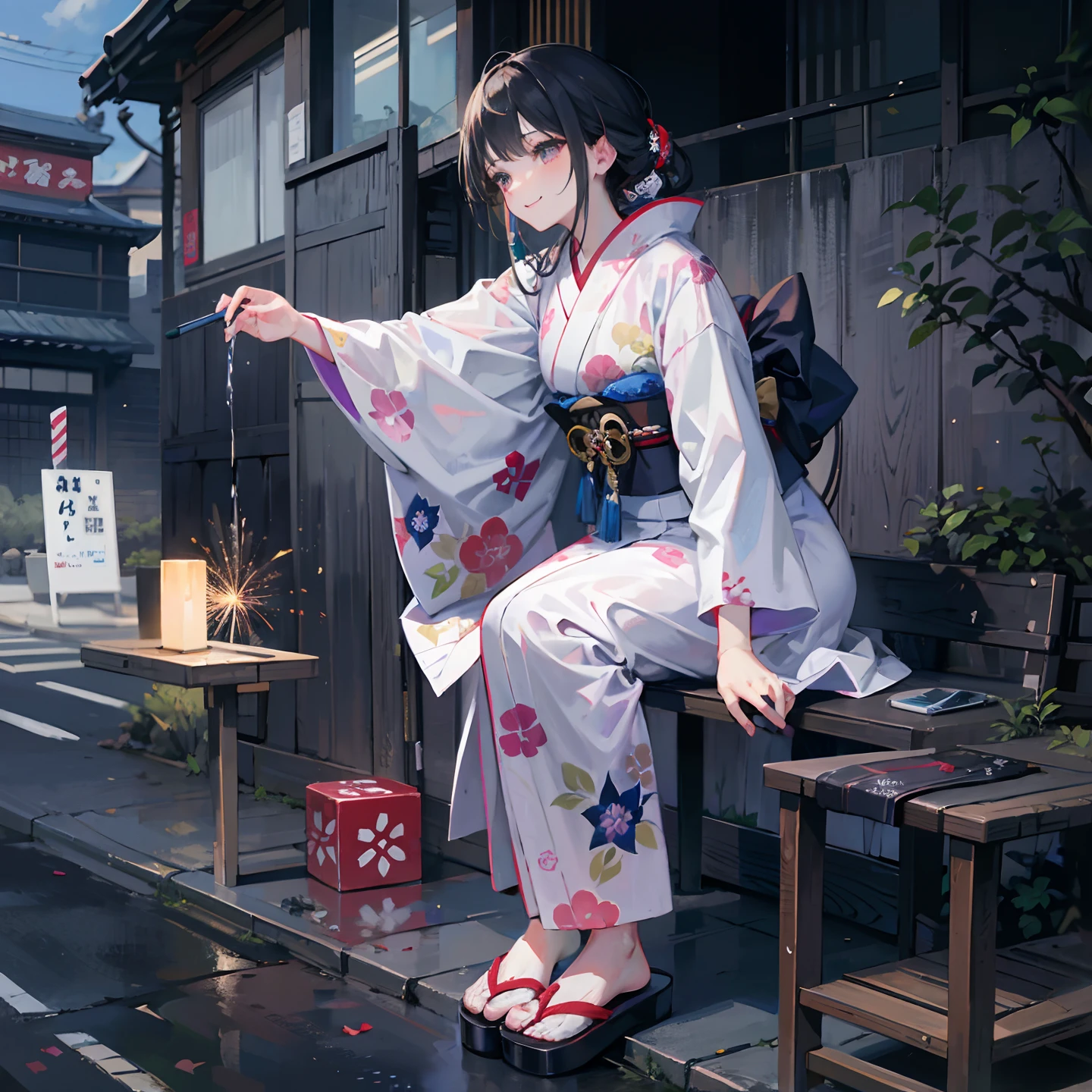 (a masterpiece of、top-quality:1.2)、ultra-detailliert、lighting like a movie、（（（Beautiful woman looking up at fireworks）））、A smile、woman wearing the kimono, bath robe, classy yukata clothing, Wearing a colorful yukata, in a kimono, Wearing a kimono, japanese kimono, in a kimono, Komono, wearing a haori, Yukata with morning glory pattern, A Japanese style, Wearing kimono,