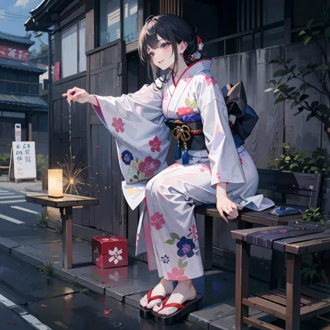 (a masterpiece of、top-quality:1.2)、ultra-detailliert、lighting like a movie、（（（Beautiful woman looking up at fireworks）））、A smile、woman wearing the kimono, bath robe, classy yukata clothing, Wearing a colorful yukata, in a kimono, Wearing a kimono, japanese...