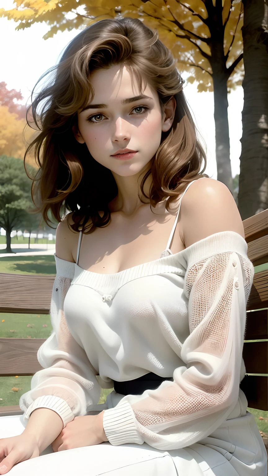 Beautiful and elegant French girl,Twenty-two years old, Actress Sophie Marceau，（The face looks like Sophie Mapuis），Short golden-brown hair，A shallow smile,（Blue affectionate eyes）,（Very detailed and perfect facial depiction）,Sit sideways on a park bench，Side view，Look back at the audience affectionately，A hint of melancholy，Milky white sweater，Black Capri pants，Trees in late autumn，Foliage，The setting sun shines obliquely，Autumn tones,(A variety of flowers:1.1),（light and shadow effect），（Light particle tracing），（vivd colour）,（Obvious layers）,（Photography Award）,（8k wallpaper）,（Masterpiece）,（best qualtiy）, photorealestic，realisticlying