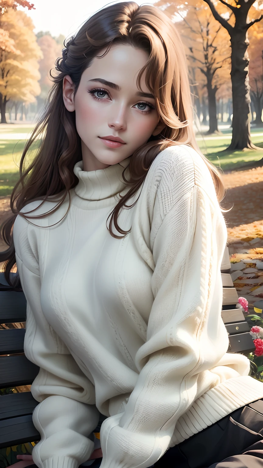 Beautiful and elegant French girl,Twenty-two years old, Actress Sophie Marceau，（The face looks like Sophie Mapuis），Short golden-brown hair，A shallow smile,（Blue affectionate eyes）,（Very detailed and perfect facial depiction）,Sit sideways on a park bench，Side view，Look back at the audience affectionately，A hint of melancholy，Milky white sweater，Black Capri pants，Trees in late autumn，Foliage，The setting sun shines obliquely，Autumn tones,(A variety of flowers:1.1),（light and shadow effect），（Light particle tracing），（vivd colour）,（Obvious layers）,（Photography Award）,（8k wallpaper）,（Masterpiece）,（best qualtiy）, photorealestic，realisticlying