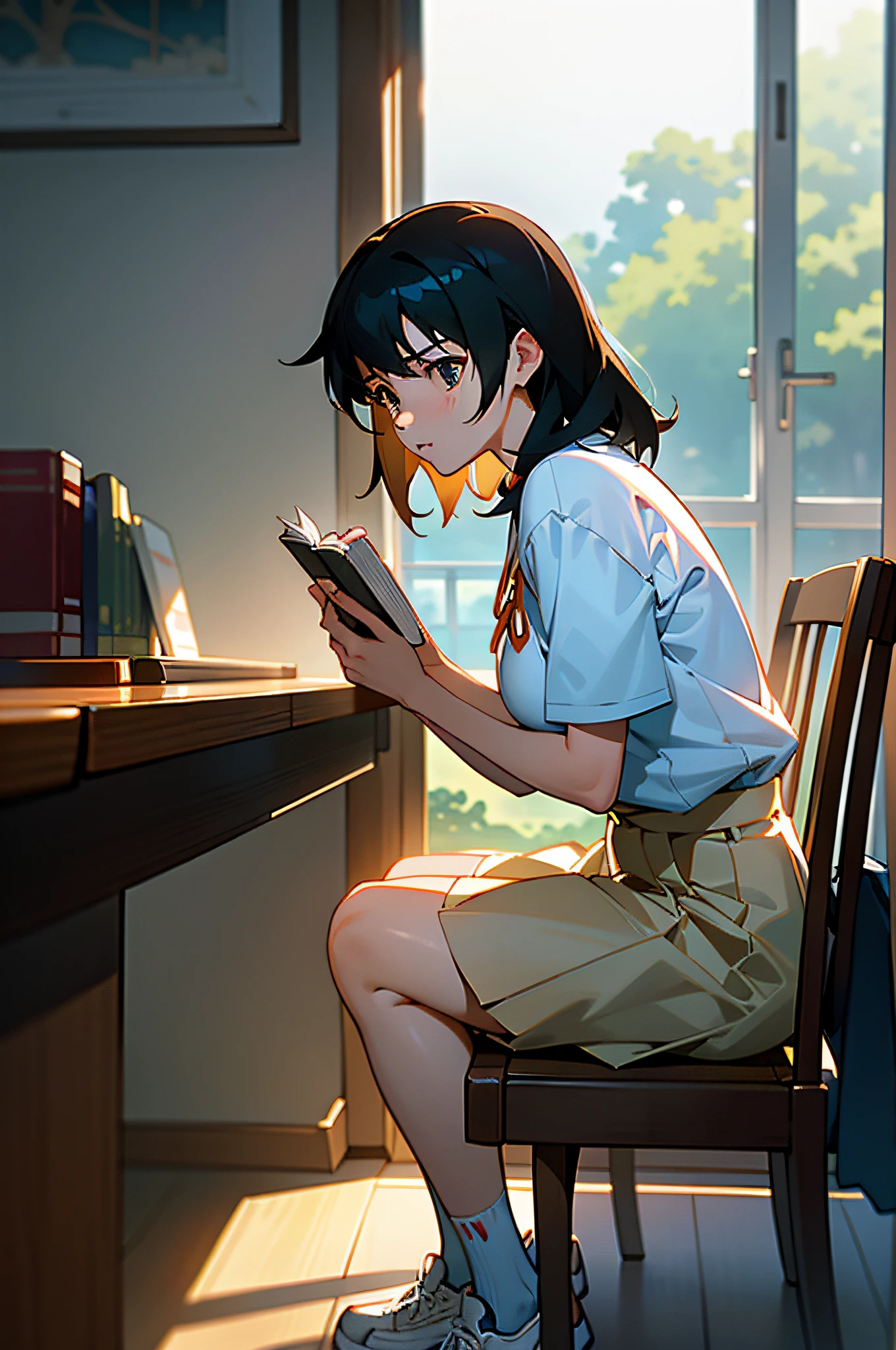 Anime girl sitting on a chair looking at a cell phone - SeaArt AI