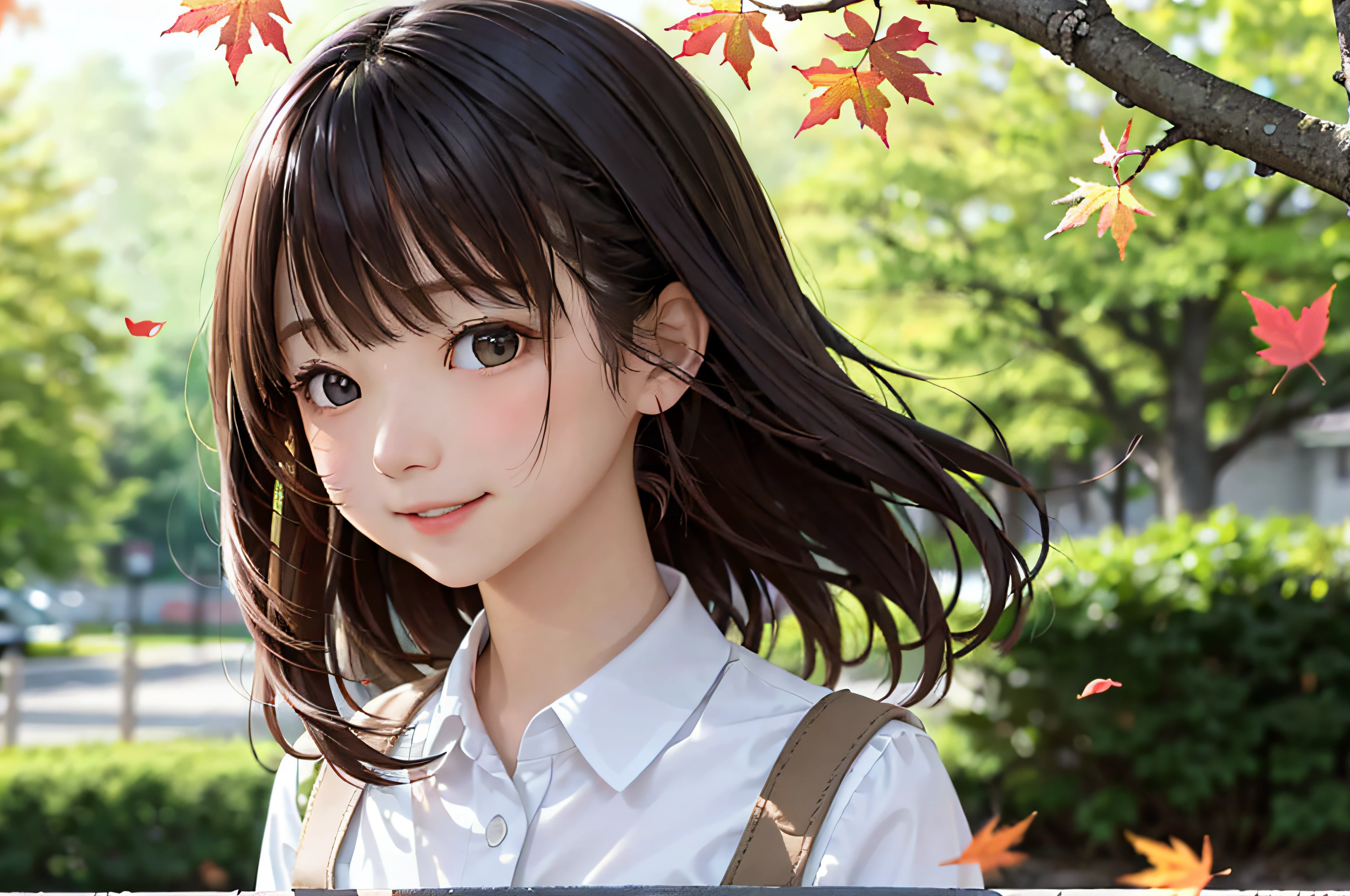 The background is a tree with blurred autumn leaves々、hi-school girl、Uniforms、Close-up in profile、1 person、Shoulder、enticing、smil、​masterpiece、top-quality、top-quality、超A high resolution、realisitic、8k 、Highly detailed CG、illustratio、Ultra-detail、finely detail、lighting like a movie、with light glowing、Leaves fluttering in the wind、Medium hair, (real looking skin:1.2)、 Beautiful Girl Beautiful Details、extremely detailed eye and face、Eyes with beautiful details、ultra detailed and beautiful、red blush、embarrassed from、a smile、Hair swaying in the wind、outside of house、daytime、during the day、autumnal