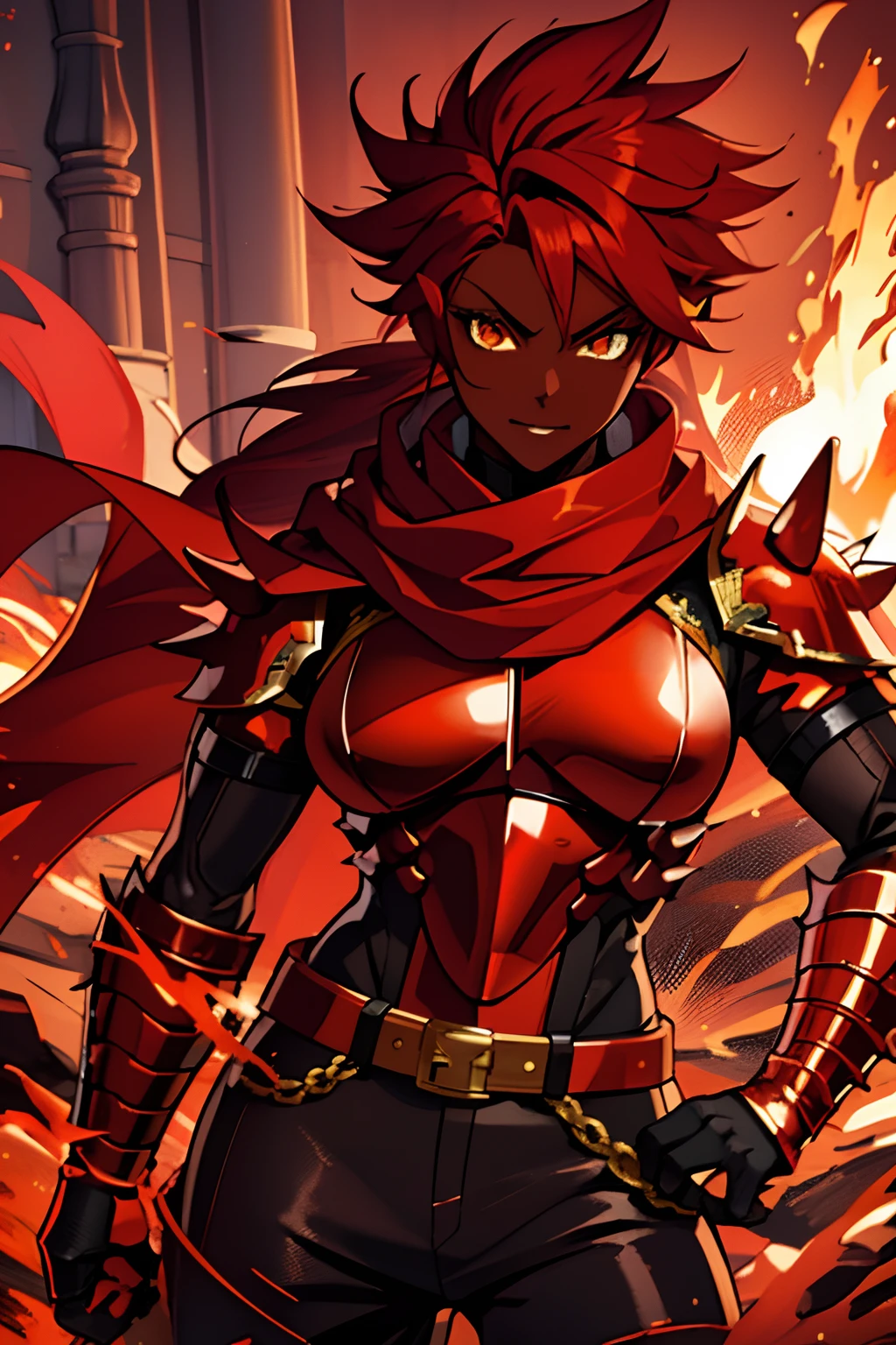 dark skin, red hair, orange dragon eyes, anime character with red cape and black outfit standing in front of a fire, female protagonist,  portrait of a female anime hero, badass anime 8 k, , armor girl, advanced digital anime art ”, portrait of female paladin, lady in red armor, key anime art,