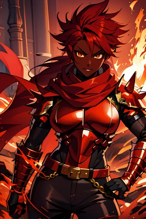dark skin, red hair, orange dragon eyes, anime character with red cape and black outfit standing in front of a fire, female prot...
