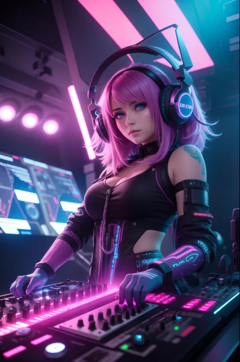 Mechanical cyberpunk pink female DJ,（The upper part of the body），Blue-purple fluffy hair，beautidful eyes，Look at the audience，Vi...