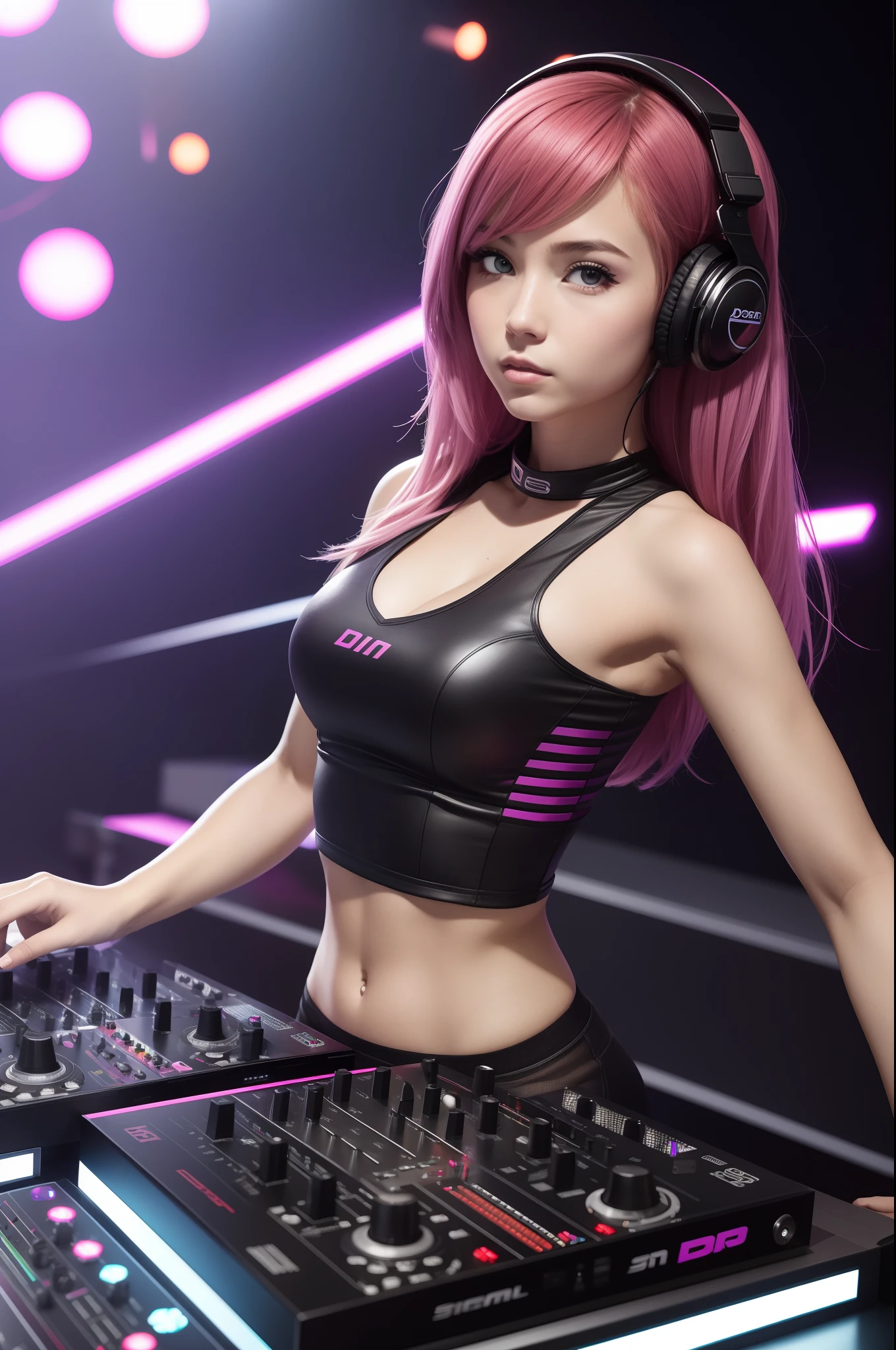 The upper part of the body, Female DJ,Look at the crowd，high qulity，8k，super-fine，dynamic viewing angle