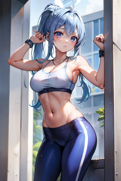 fitness gym、Wet and light fitness wear and leggings、Navel Ejection、Standing backwards with both hands on the wall、poneyTail、blue hairs、Silver necklace、wristbands、Colossal tits、perspiring、abdominals、belly button piercing