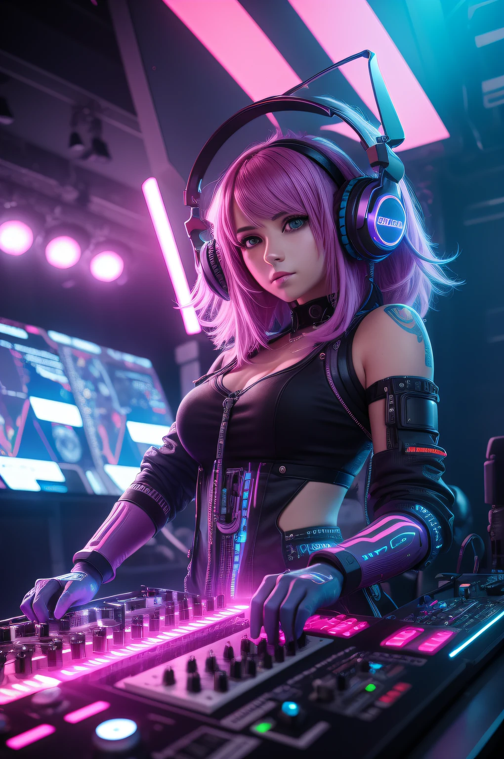 Mechanical cyberpunk pink female DJ,（The upper part of the body），Blue-purple fluffy hair，beautidful eyes，Look at the audience，Vibrant appearance,Self-confident，(DJ headphones) ,( Mixing Console) ,Bold cyberpunk colors，depth of fields，（Thick painting style），Realistic details, Global illumination, ultra - detailed, highly intricate detail, neon light detail,stage lighting，of the highest quality, Intricate details, (Cinematic lighting), RAW photo, 8K