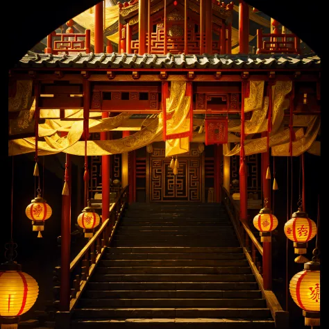 Golden silk is wrapped around the beams，red colour，Lanterns，totem，Chinese architectural motifs，tmasterpiece，Best quality，ultra - detailed。