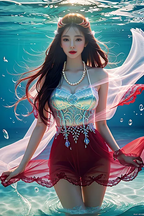 Attractive girl in red transparent gauze lace in the sea，Wearing a pearl necklace,Guviz-style artwork, colorfull digital fantasy...