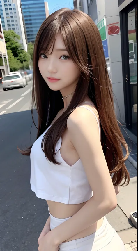 top-quality、超A high resolution、(Photorealsitic:1.4)、Beautie、Korean Idols、21years old、length hair、light brown hair、Clean and wavy hairstyle、small tits、Very small breasts、Realistic eyes, slender narrow eyes、Beautiful eyes、A smile、croptop、Tank Tops、Wear a see...
