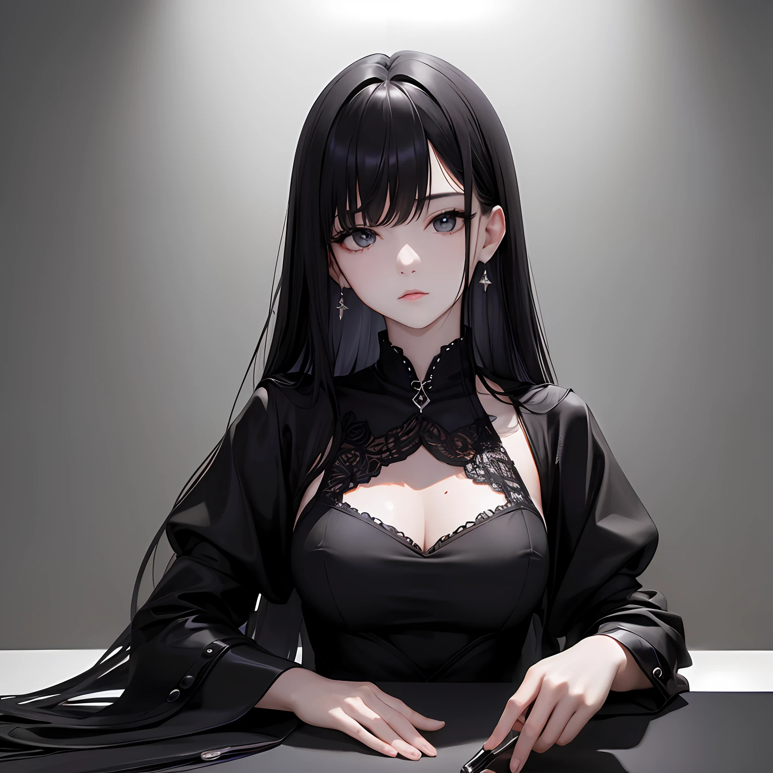 Anime girl with long black hair sitting at a table with a knife - SeaArt AI