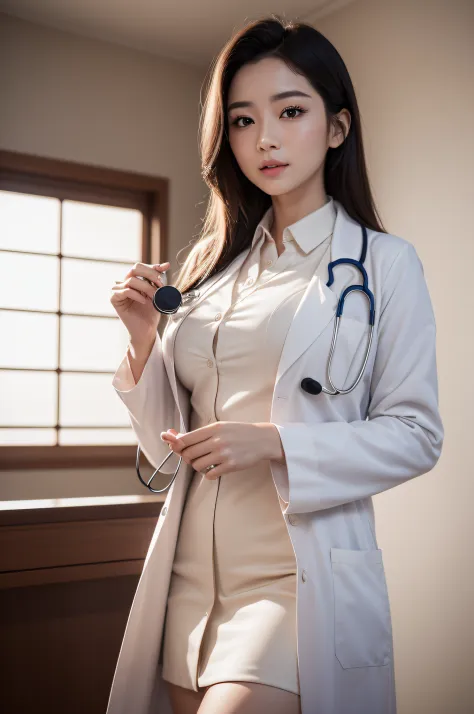 Photorealistic beautiful doctor、stunningly beautiful、doctors white coat, Collared shirt、(top-quality、8K、32K、​masterpiece、nffsw:1.3)、超A high resolution,(Photorealsitic:1.4),Raw photography, Detailed face,,Beautiful hair, ((Doctor Style)),large full breasts ...