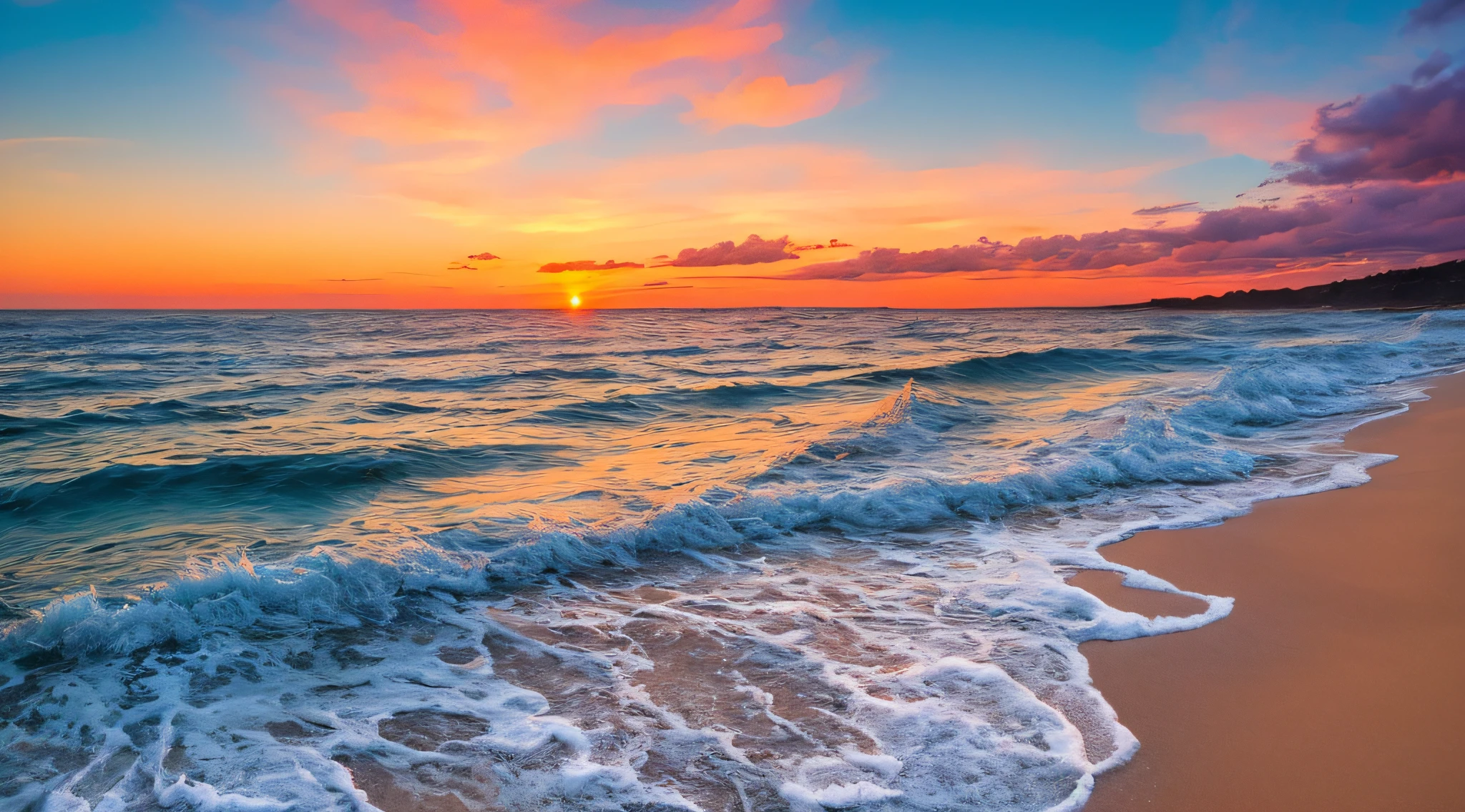 海洋上的日落，海浪拍打着海滩, 美丽的海洋, 多彩的夕阳, - SeaArt AI