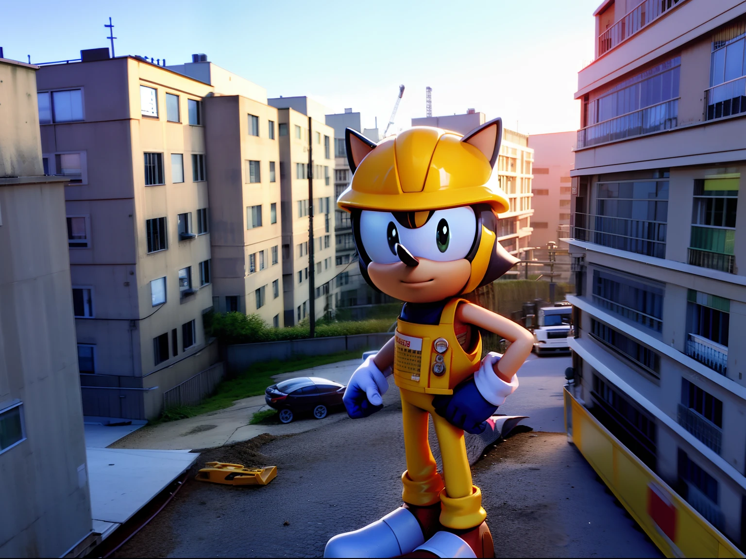 Sonic o ouriço vestindo roupa de trabalhador da construção civil, olhando para o espectador, em um canteiro de obras, lotes de equipamentos de construção no fundo, um edifício em construção, meio-dia, 8K