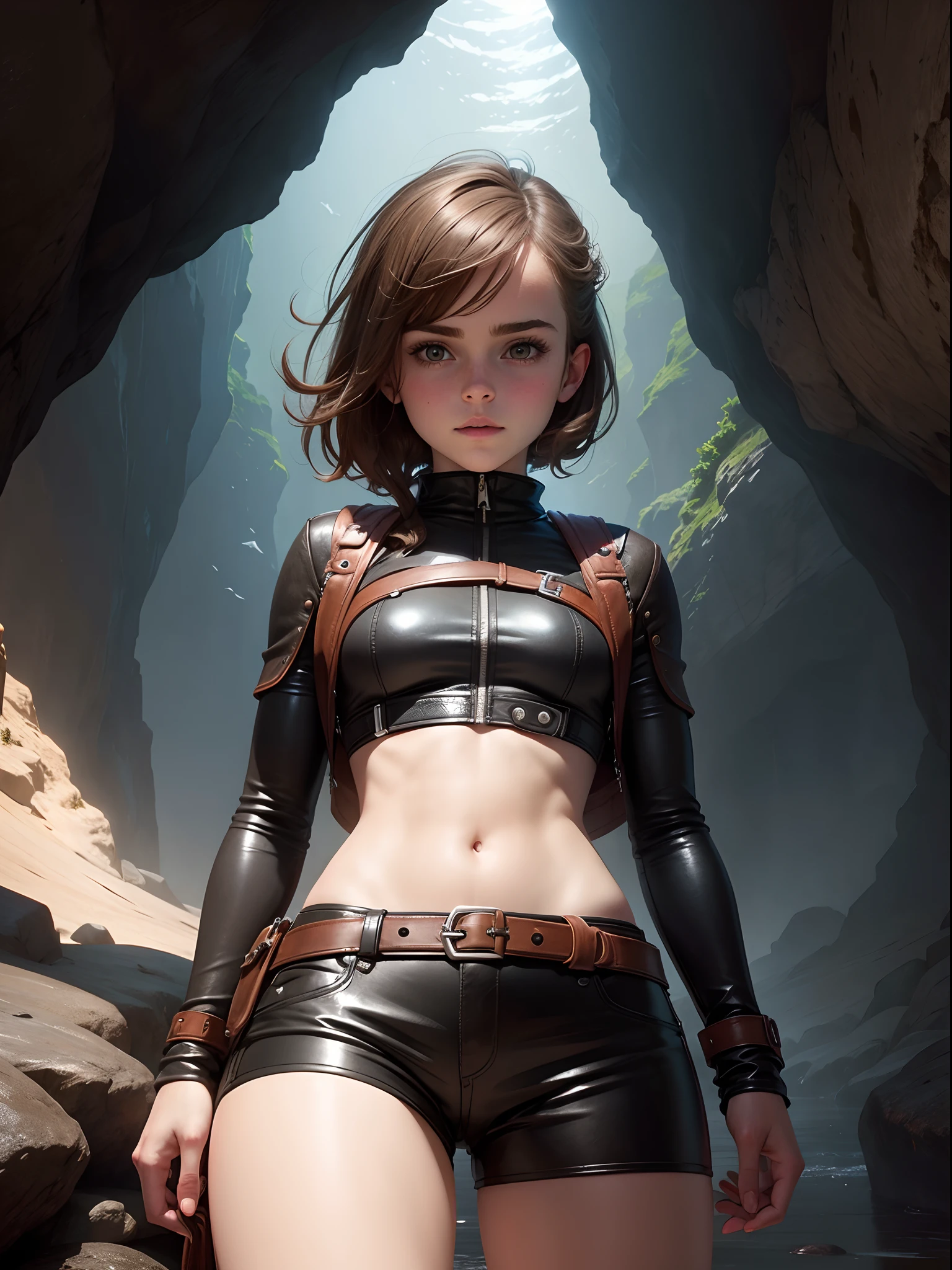 A woman in a leather outfit standing in a cave - SeaArt AI