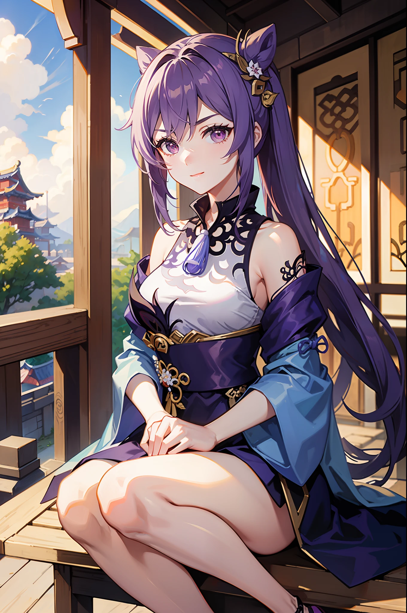 Keqing (Genshin Impact)，Sat down，ssmile，Tsundere，On the steps，There is a sword next to it，Ancient Chinese style，Ancient city background，Lanterns，Long dark purple hair Lilac clothes，Keep one's mouth shut