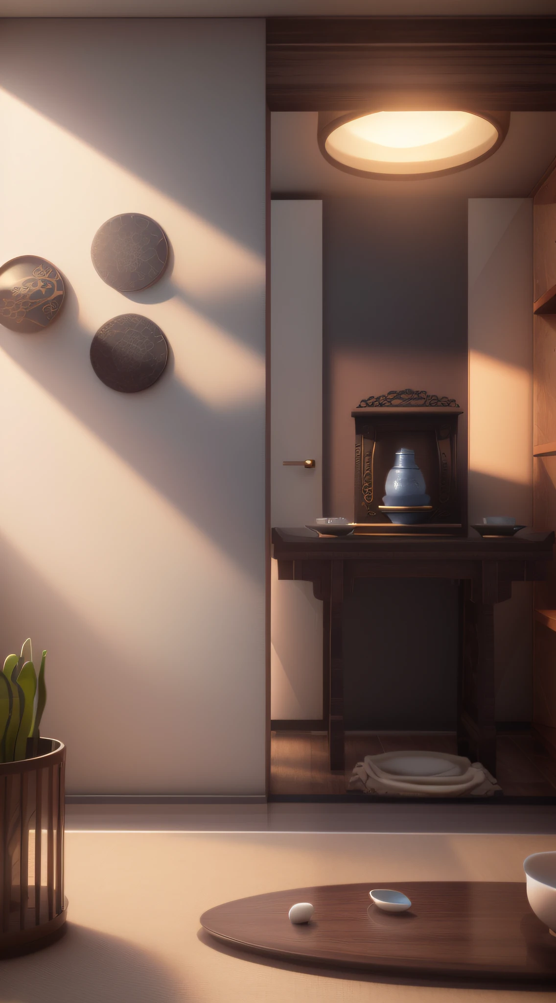 There is a table，There is a bowl and a vase on it, 3 d vray render, vray rendered, Frey Render, render Frey, Frey rendering, Render in Vray, High polygon Frey rendering, super realistic render vray, asian interior decoration, Render in Frey, Rendered in V-Ray, Frey 4k Render, vray