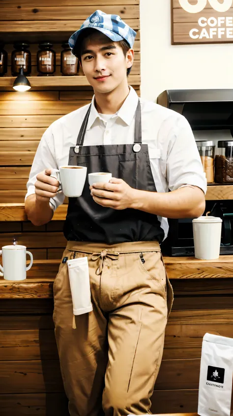 1人，A 20-year-old man in a café，Barista，Coffee is being made，Facial hair，Light brown apron，Brown bandana，Sit Pose，leg apart，white...
